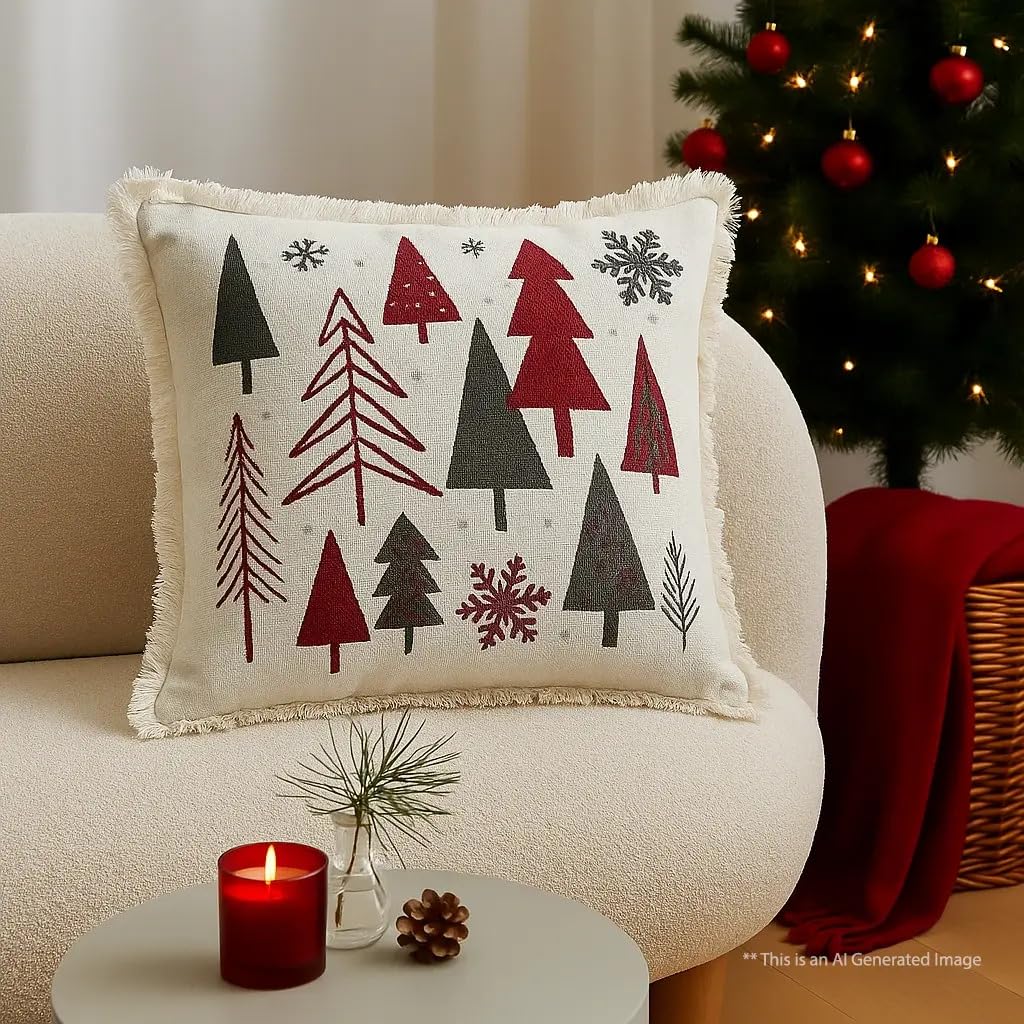 Christmas Themed Embroidered Cotton Cushion Cover - White (Set of 2)