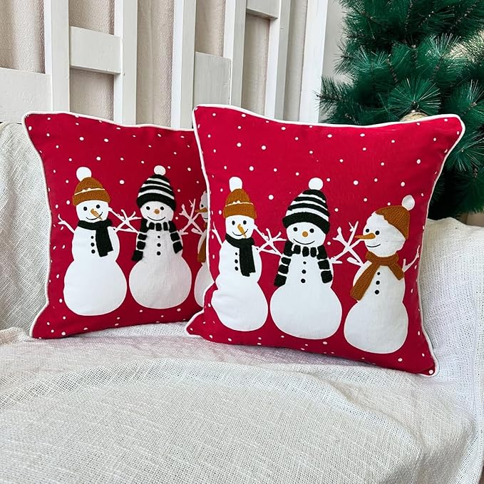 Christmas Themed Embroidered Cotton Cushion Cover - Red (Pack of 2)